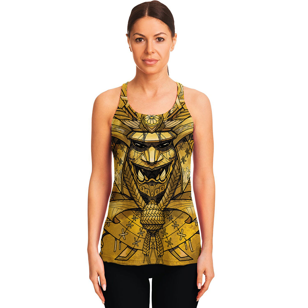 Gold Samurai Mask Print Women's Racerback Tank Top