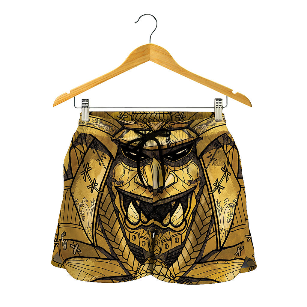 Gold Samurai Mask Print Women's Shorts