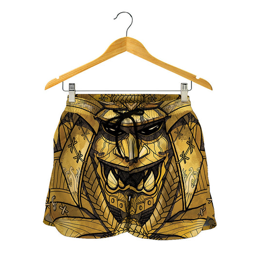 Gold Samurai Mask Print Women's Shorts