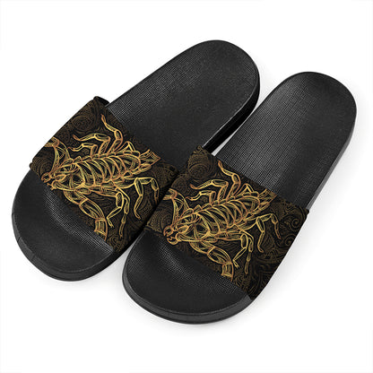 Gold Scorpio Print Black Slide Sandals
