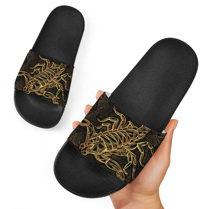 Gold Scorpio Print Black Slide Sandals