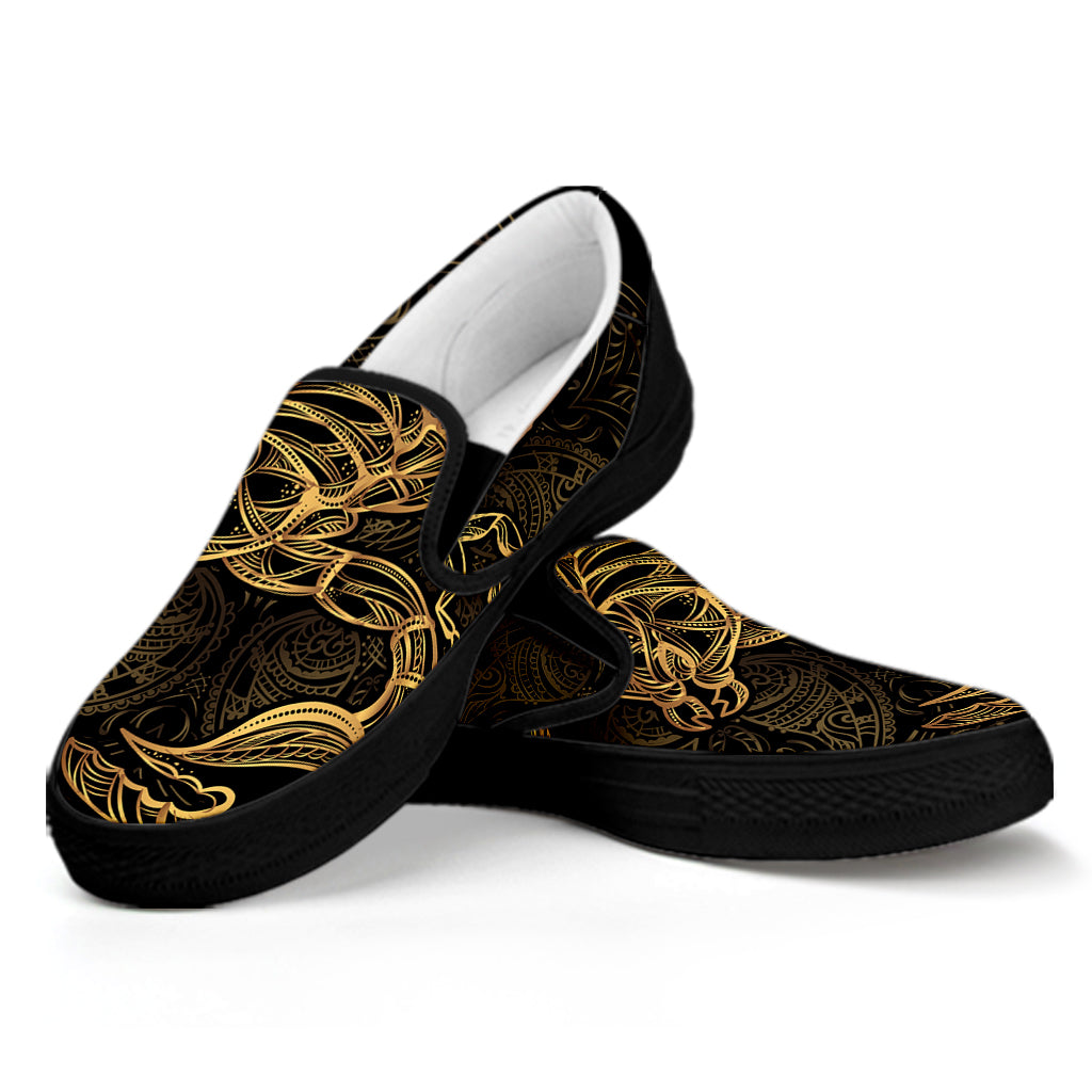 Gold Scorpio Print Black Slip On Shoes
