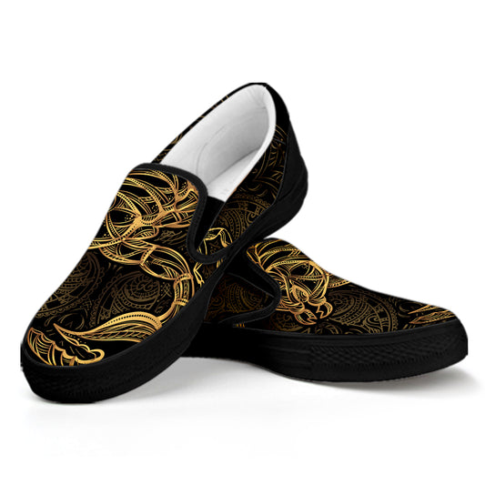 Gold Scorpio Print Black Slip On Shoes