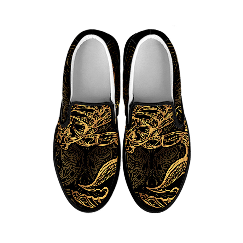 Gold Scorpio Print Black Slip On Shoes