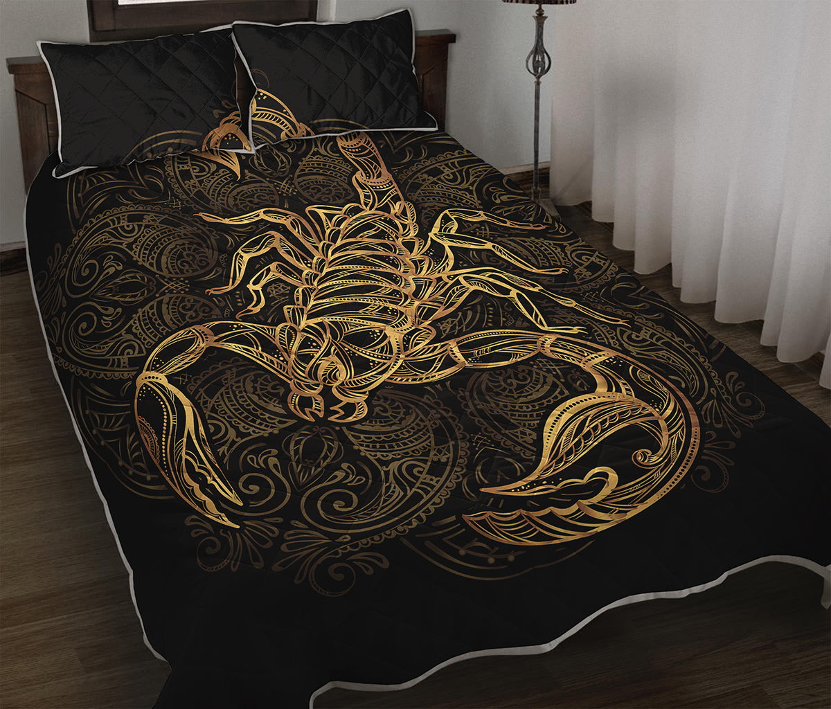 Gold Scorpio Print Quilt Bed Set