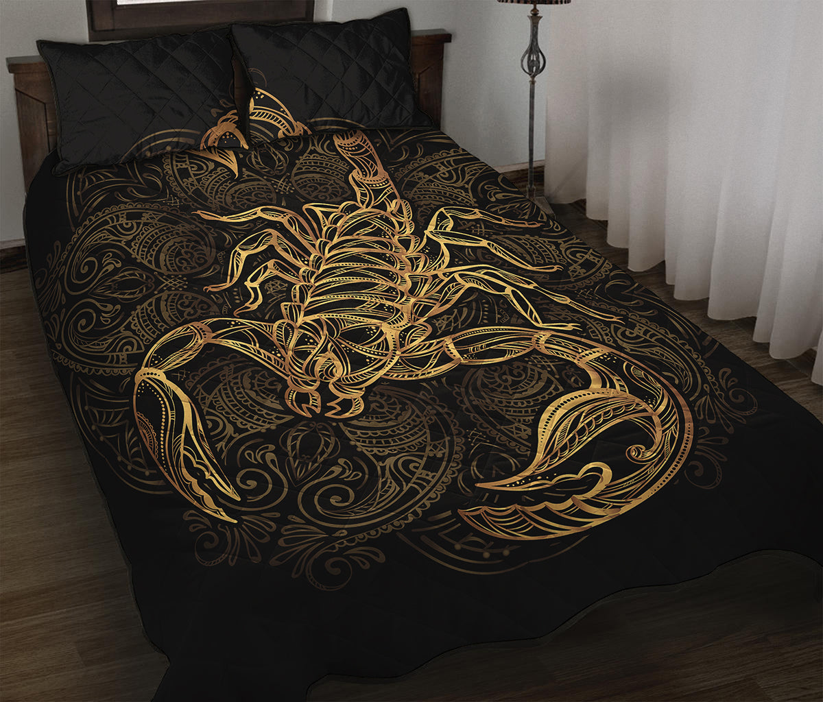 Gold Scorpio Print Quilt Bed Set