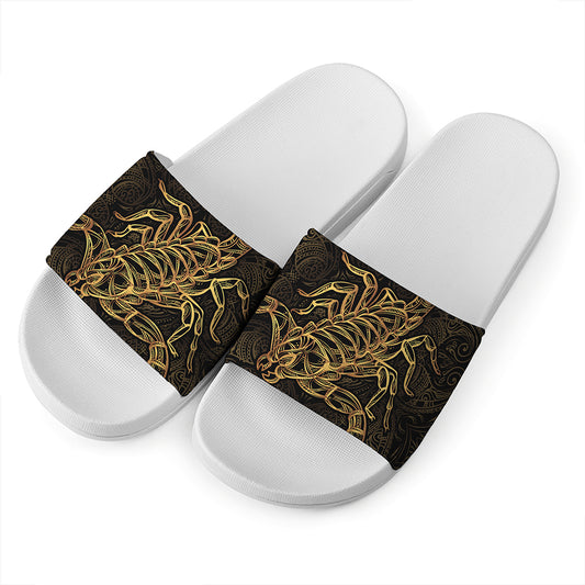 Gold Scorpio Print White Slide Sandals