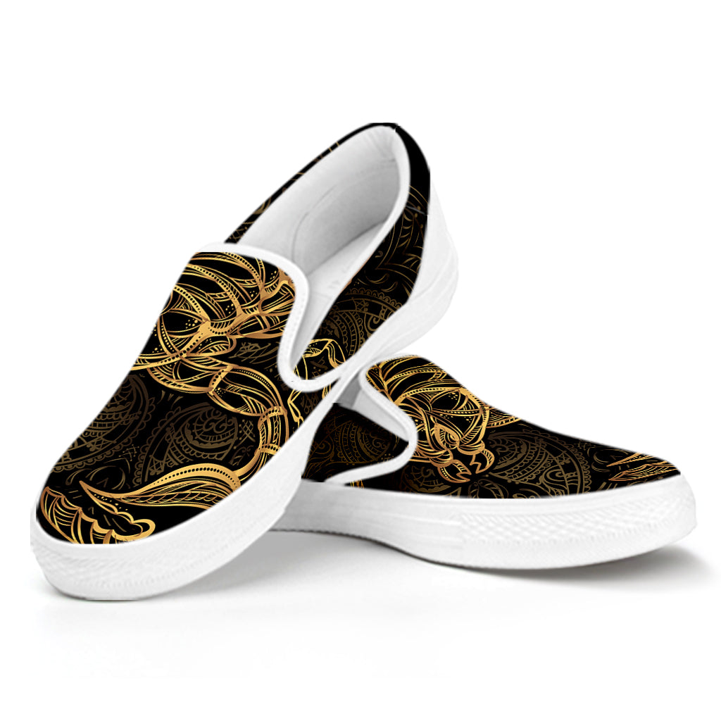 Gold Scorpio Print White Slip On Shoes