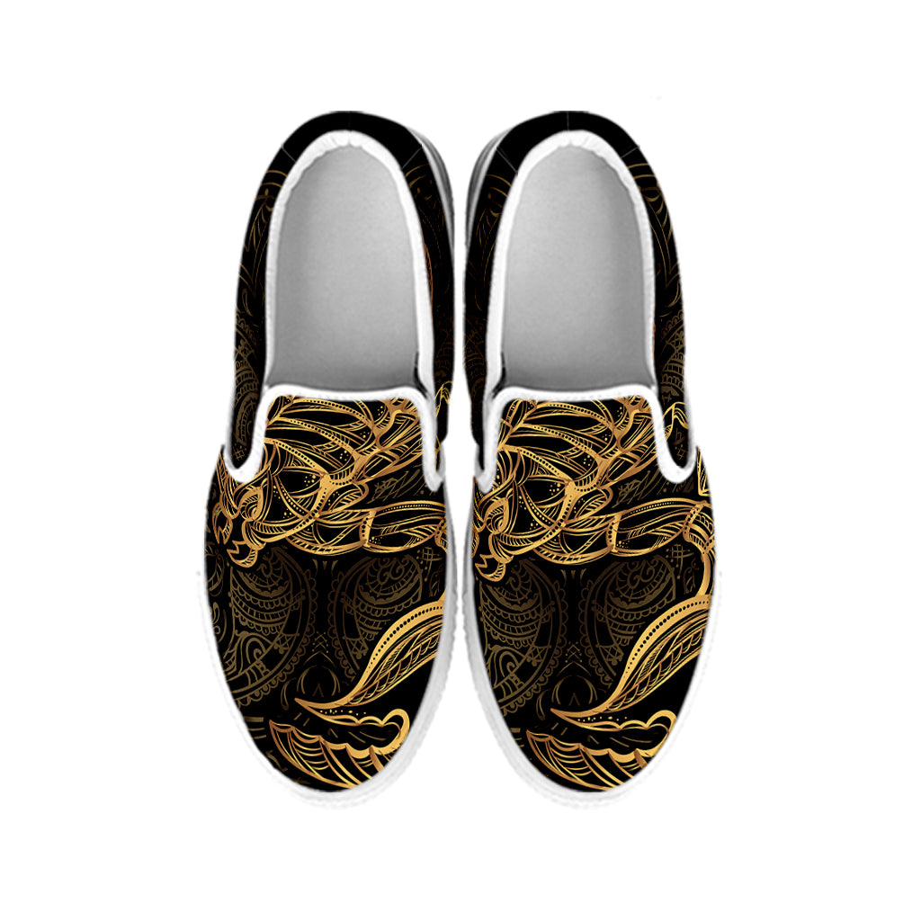 Gold Scorpio Print White Slip On Shoes
