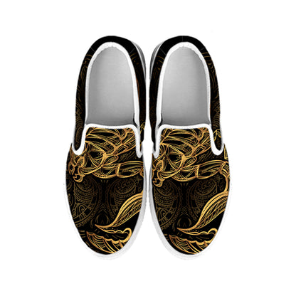 Gold Scorpio Print White Slip On Shoes