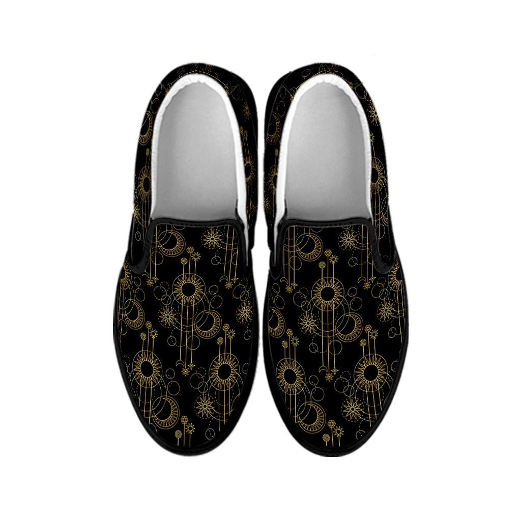 Gold Sun And Moon Pattern Print Black Slip On Shoes