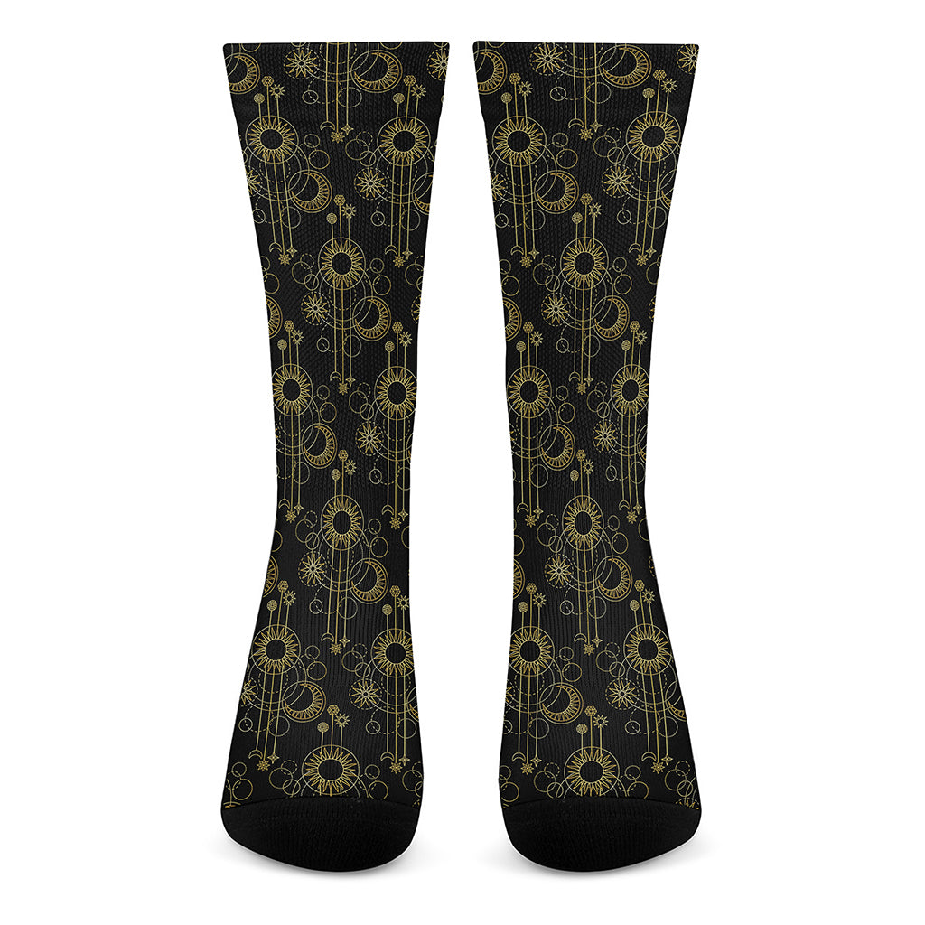Gold Sun And Moon Pattern Print Crew Socks