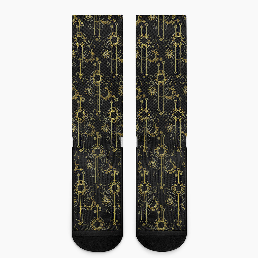 Gold Sun And Moon Pattern Print Crew Socks
