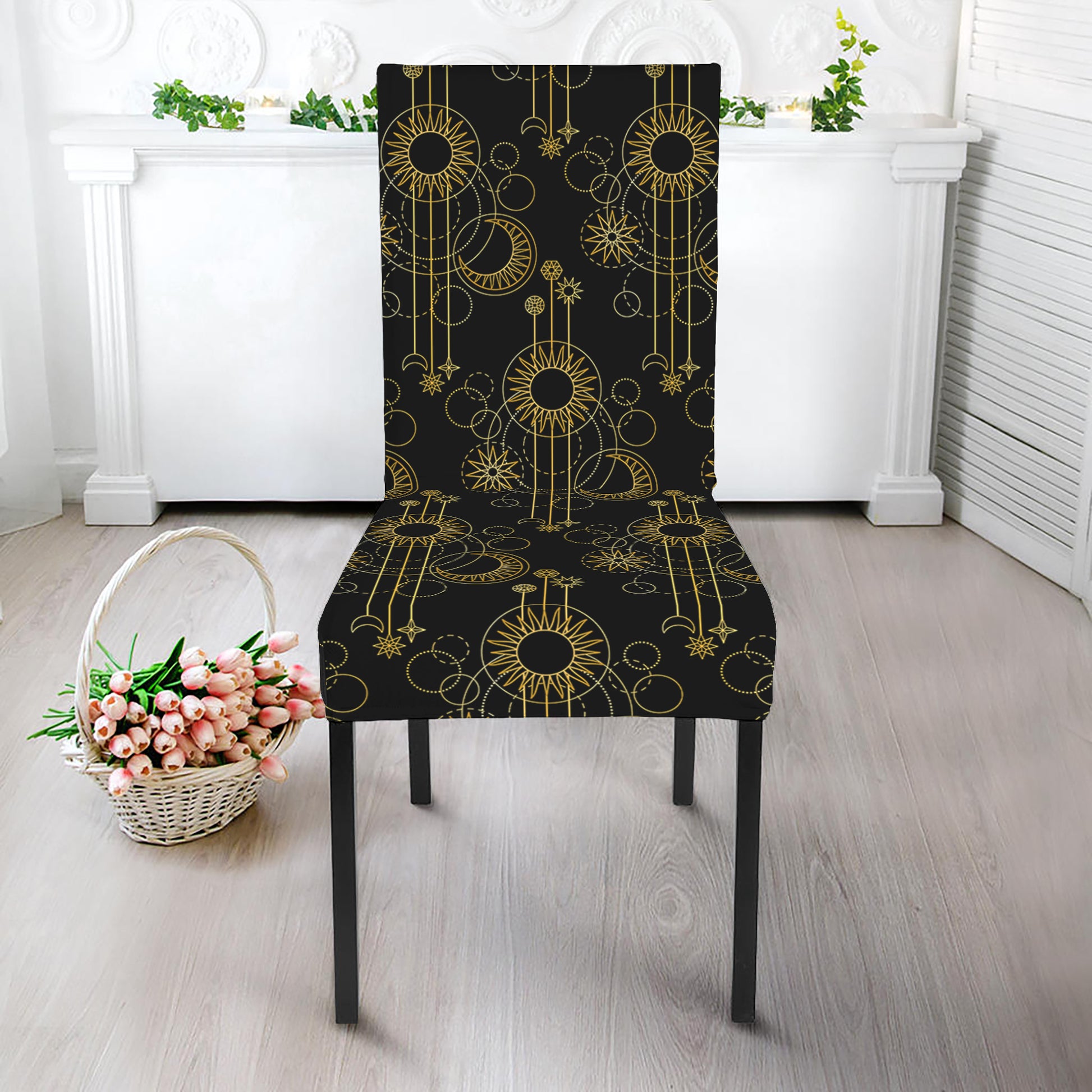 Gold Sun And Moon Pattern Print Dining Chair Slipcover