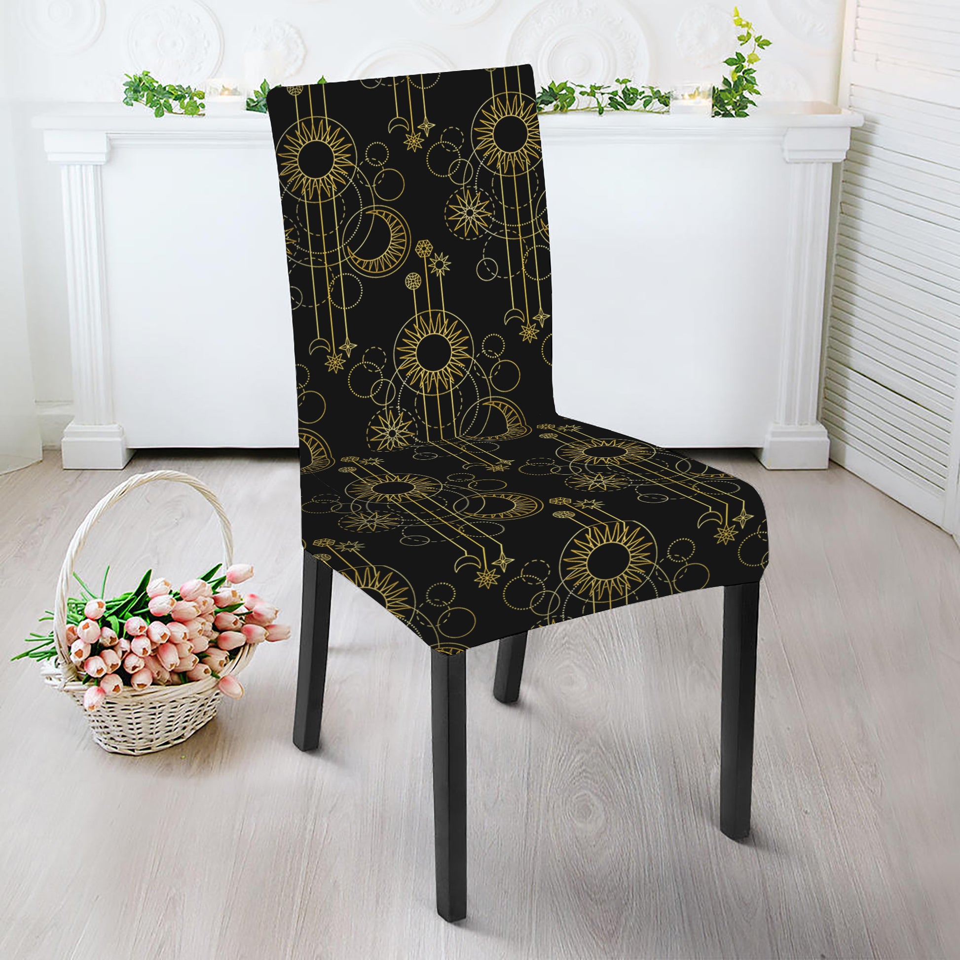 Gold Sun And Moon Pattern Print Dining Chair Slipcover