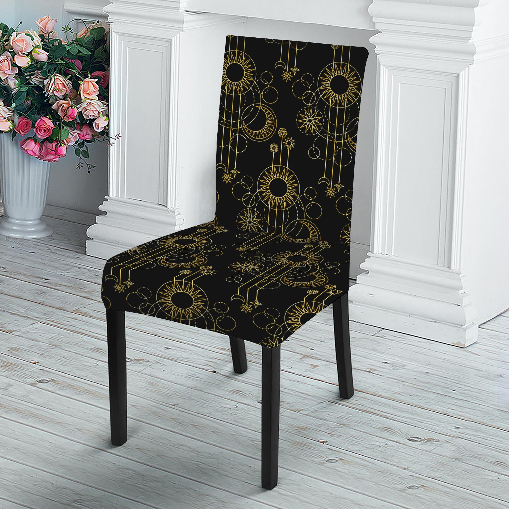 Gold Sun And Moon Pattern Print Dining Chair Slipcover