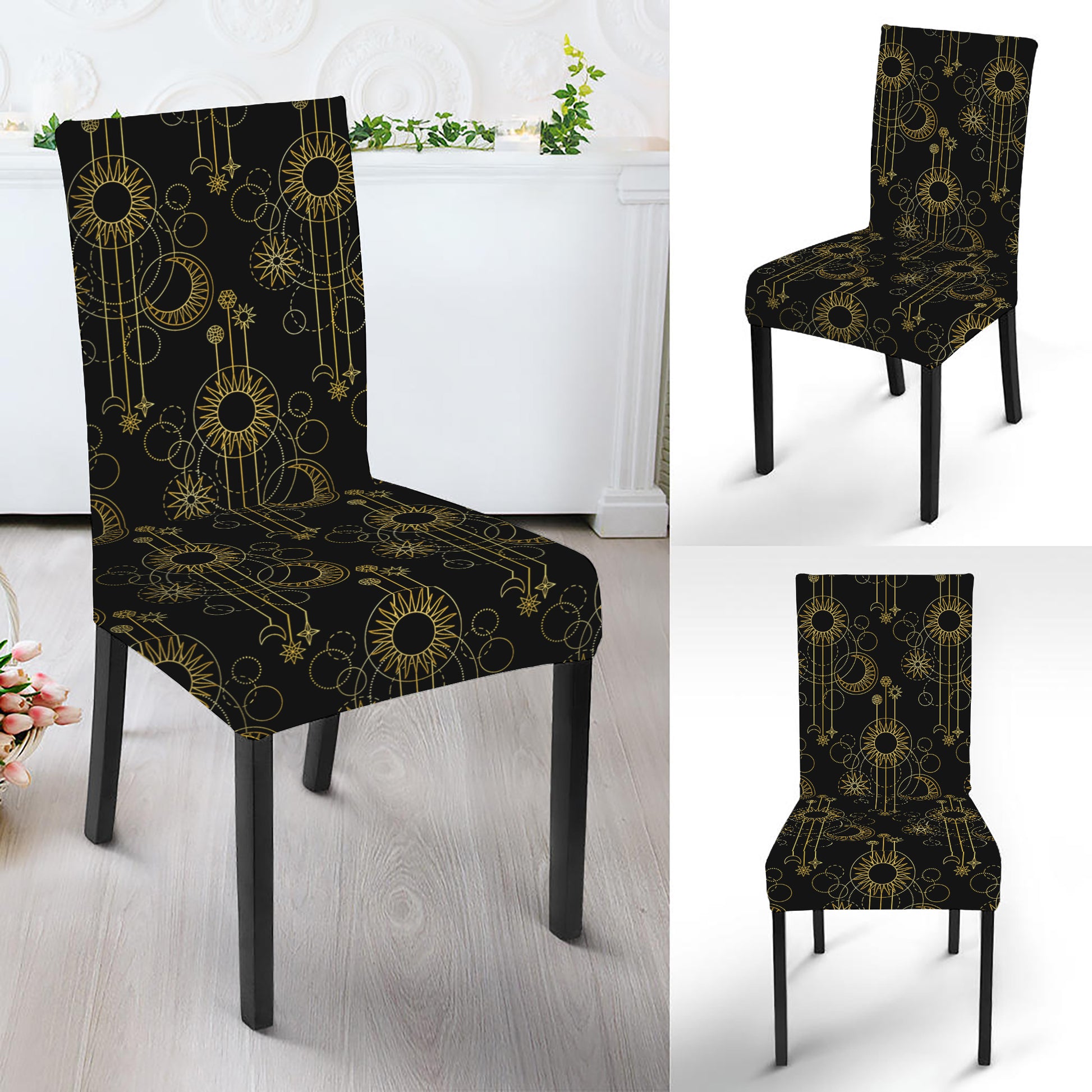 Gold Sun And Moon Pattern Print Dining Chair Slipcover