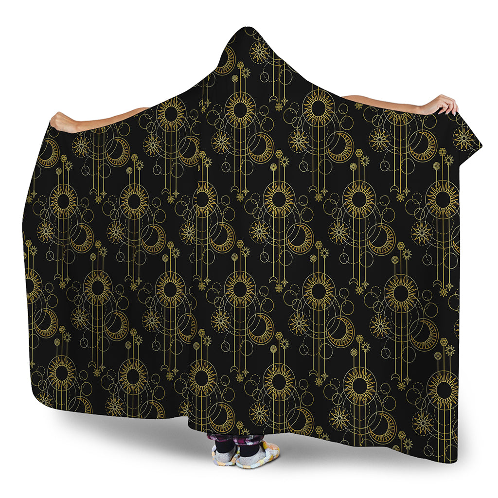 Gold Sun And Moon Pattern Print Hooded Blanket