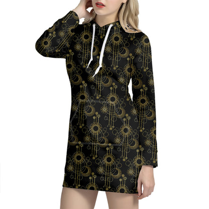 Gold Sun And Moon Pattern Print Hoodie Dress