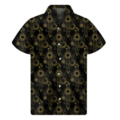 Gold Sun And Moon Pattern Print Men's Short Sleeve Shirt