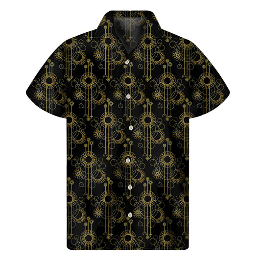 Gold Sun And Moon Pattern Print Men's Short Sleeve Shirt