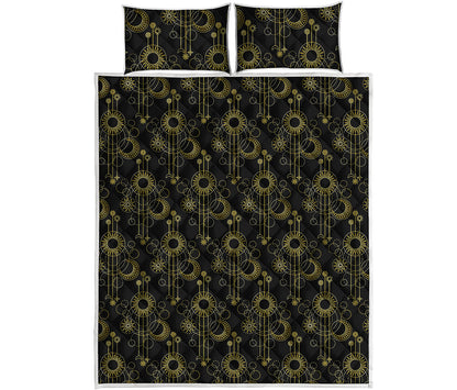 Gold Sun And Moon Pattern Print Quilt Bed Set