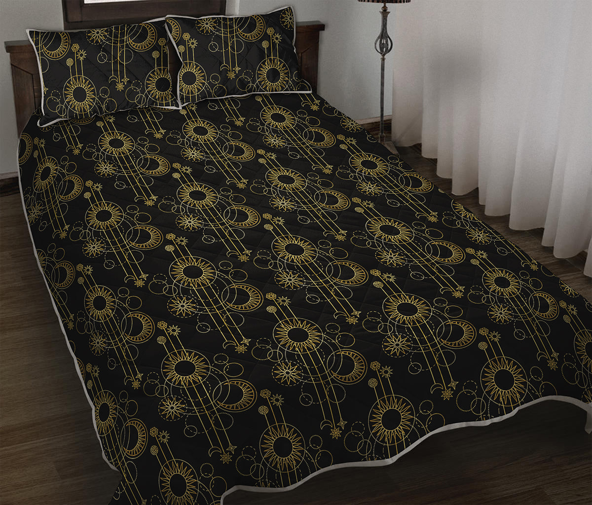 Gold Sun And Moon Pattern Print Quilt Bed Set