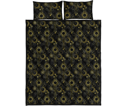 Gold Sun And Moon Pattern Print Quilt Bed Set