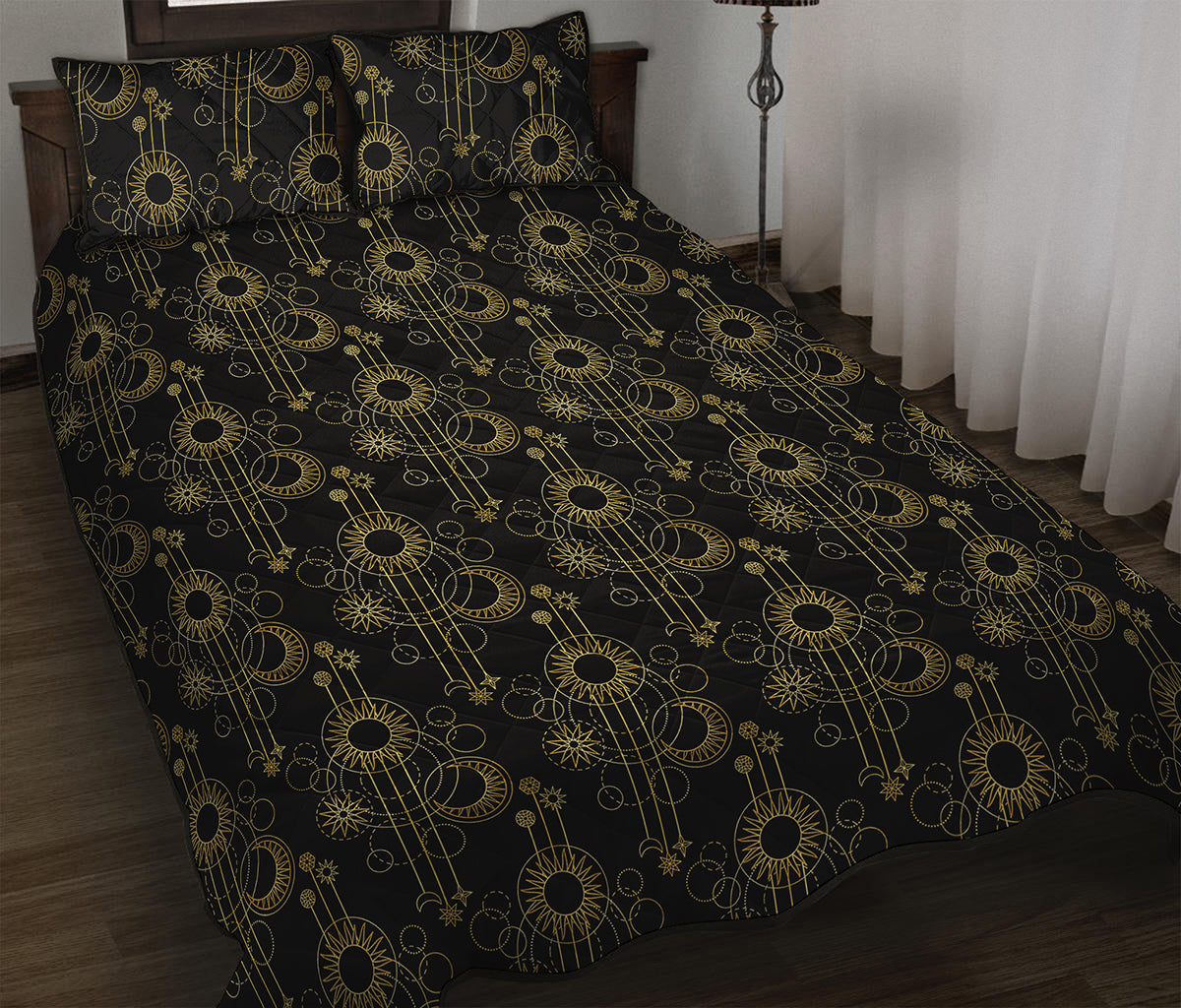 Gold Sun And Moon Pattern Print Quilt Bed Set