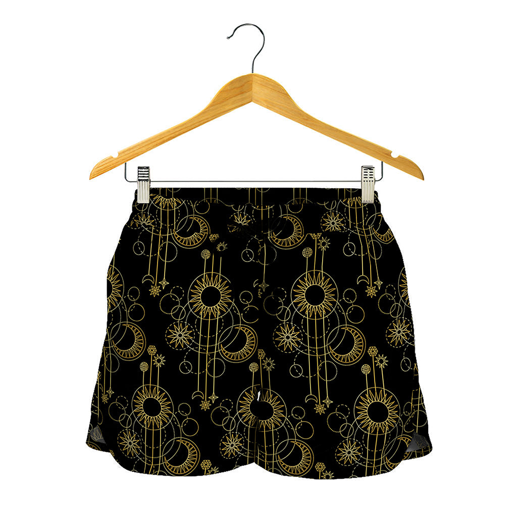 Gold Sun And Moon Pattern Print Women's Shorts