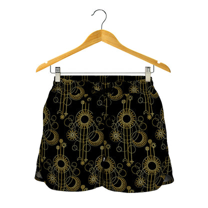 Gold Sun And Moon Pattern Print Women's Shorts