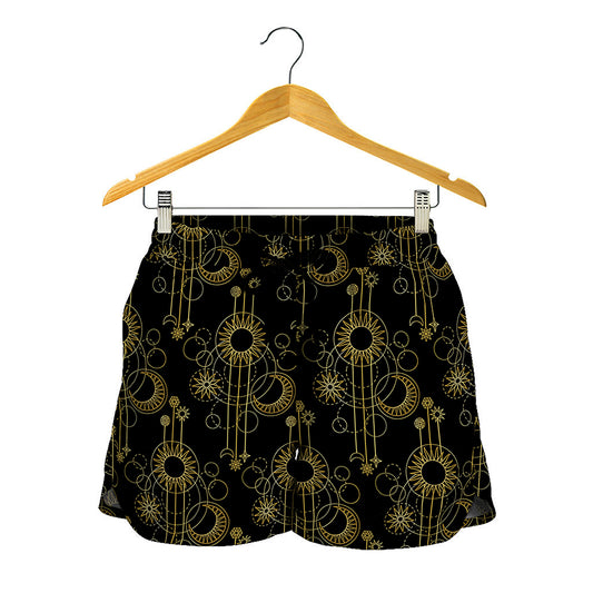 Gold Sun And Moon Pattern Print Women's Shorts