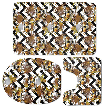 Gold Tropical Skull Pattern Print 3 Piece Bath Mat Set