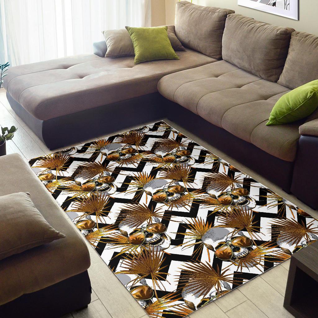Gold Tropical Skull Pattern Print Area Rug GearFrost