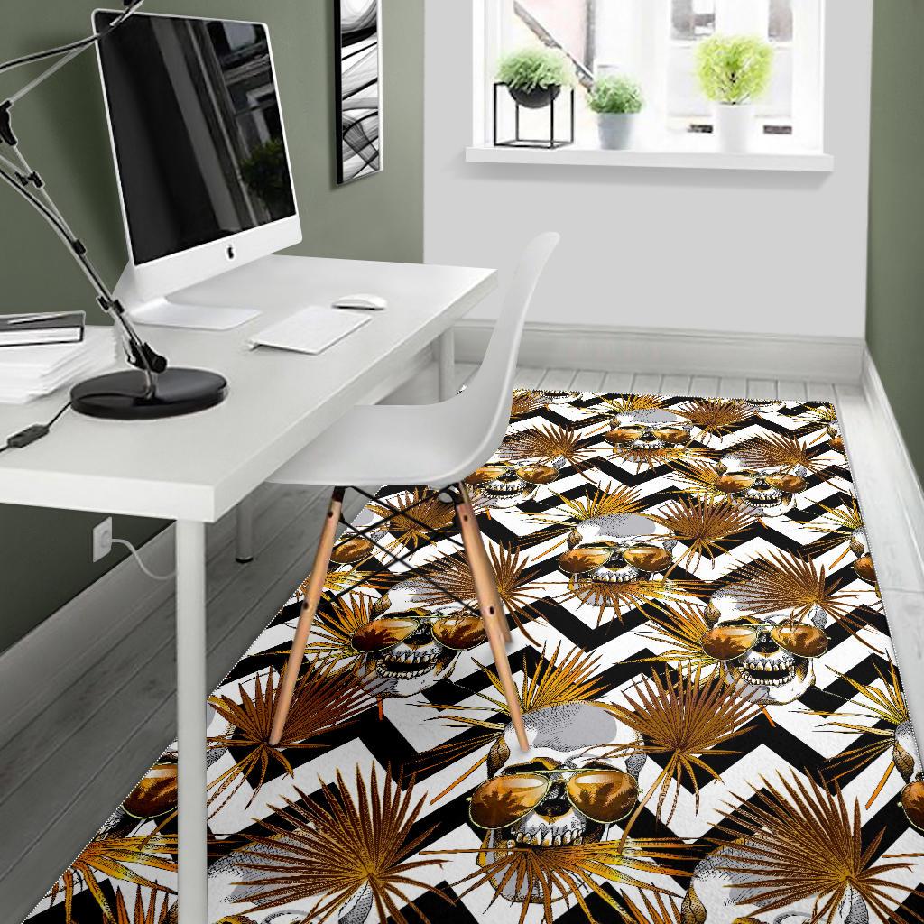 Gold Tropical Skull Pattern Print Area Rug GearFrost