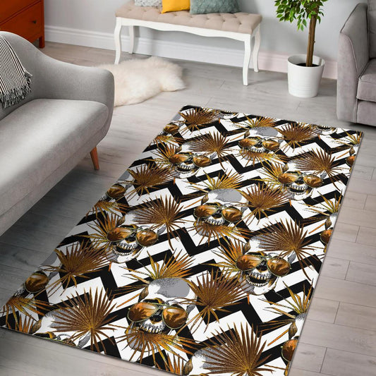 Gold Tropical Skull Pattern Print Area Rug GearFrost