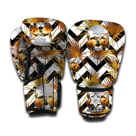 Gold Tropical Skull Pattern Print Boxing Gloves