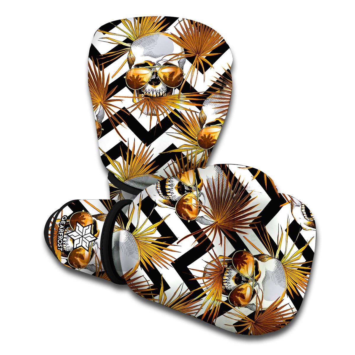 Gold Tropical Skull Pattern Print Boxing Gloves