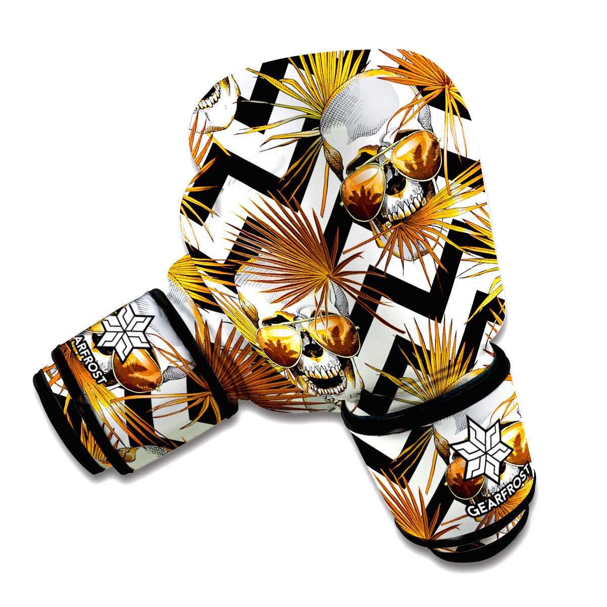 Gold Tropical Skull Pattern Print Boxing Gloves