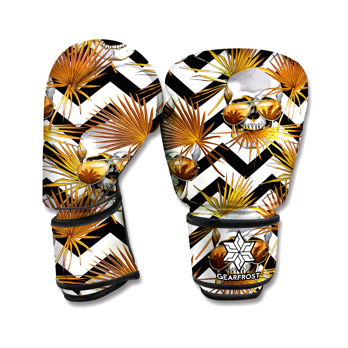 Gold Tropical Skull Pattern Print Boxing Gloves