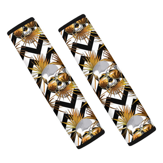 Gold Tropical Skull Pattern Print Car Seat Belt Covers