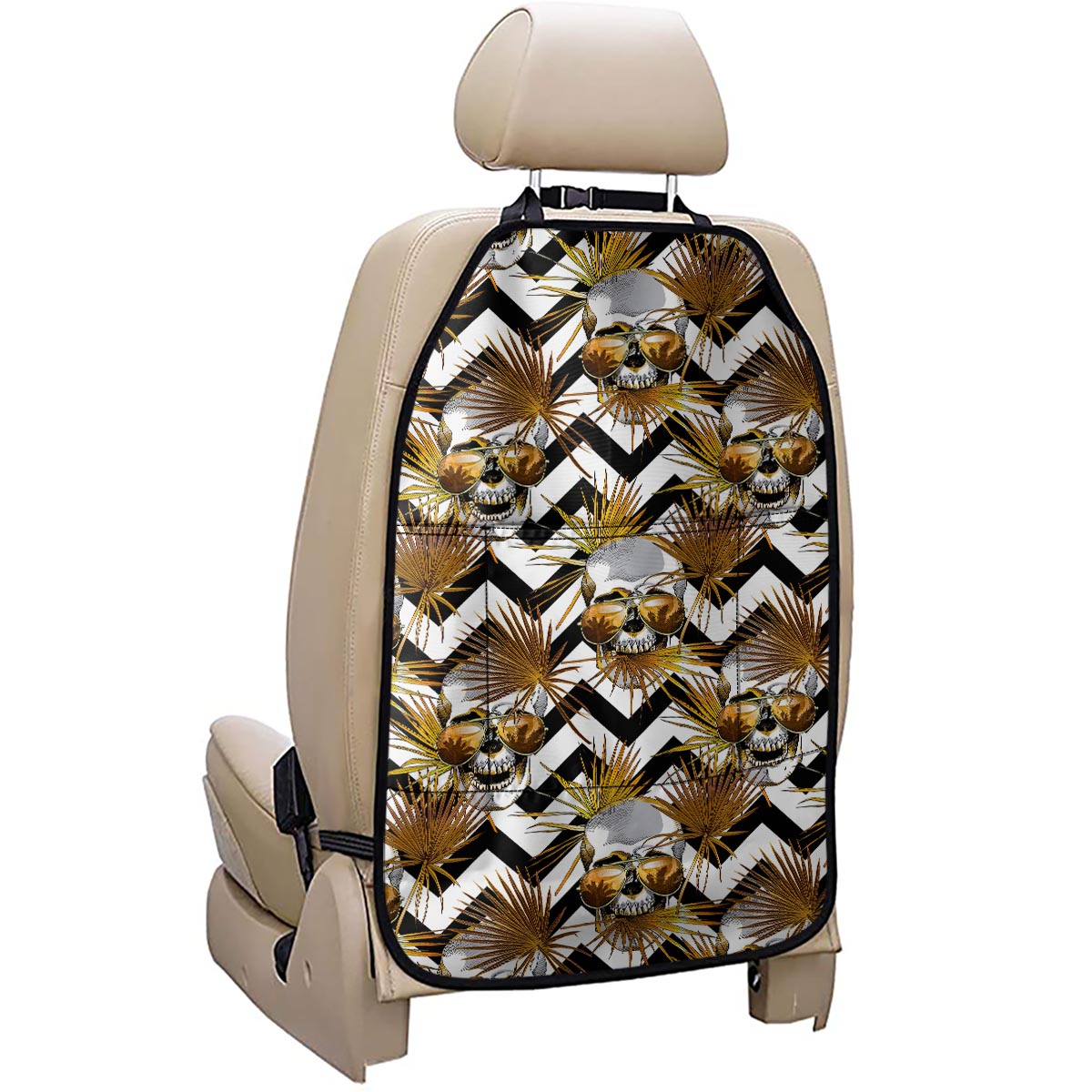 Gold Tropical Skull Pattern Print Car Seat Organizers