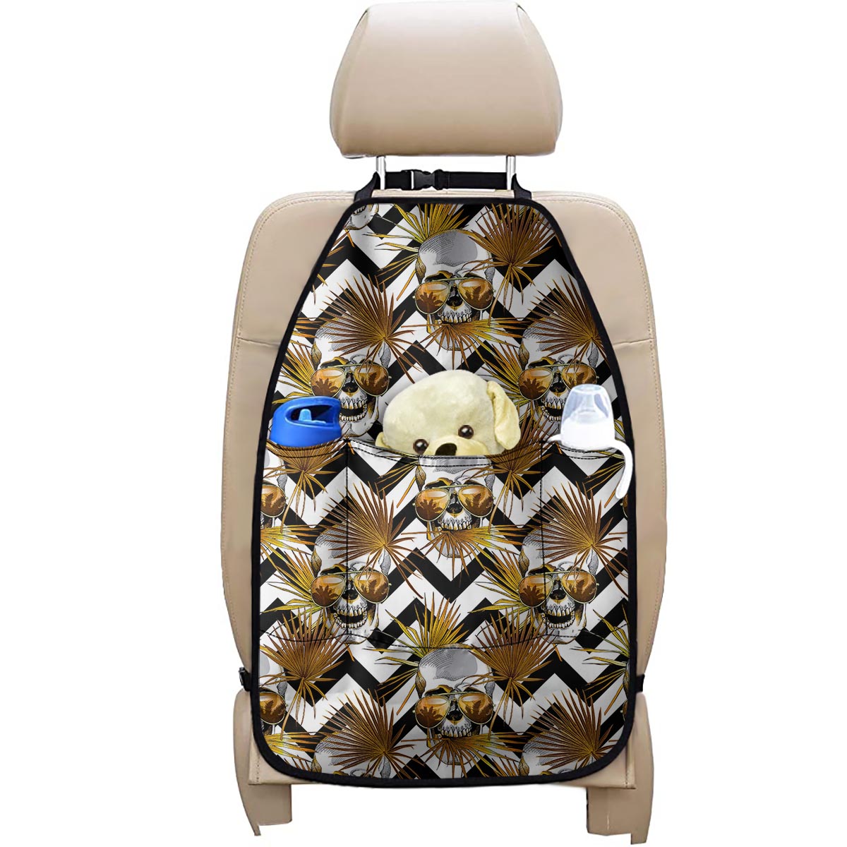 Gold Tropical Skull Pattern Print Car Seat Organizers