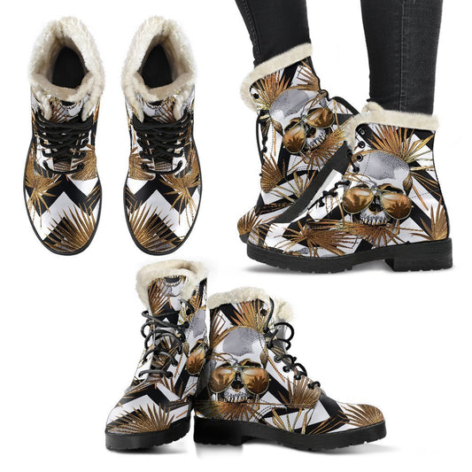 Gold Tropical Skull Pattern Print Comfy Boots GearFrost