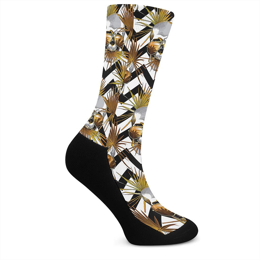 Gold Tropical Skull Pattern Print Crew Socks