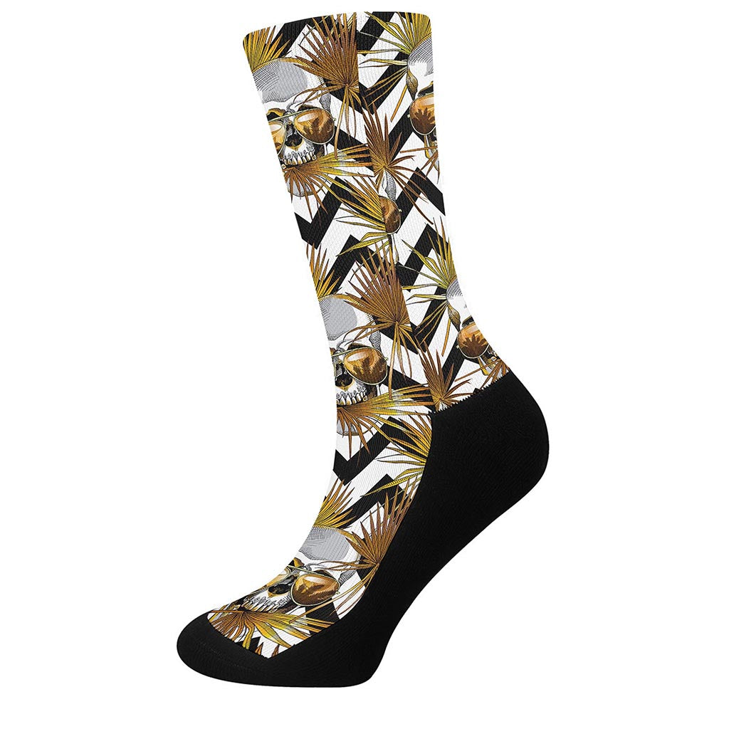 Gold Tropical Skull Pattern Print Crew Socks