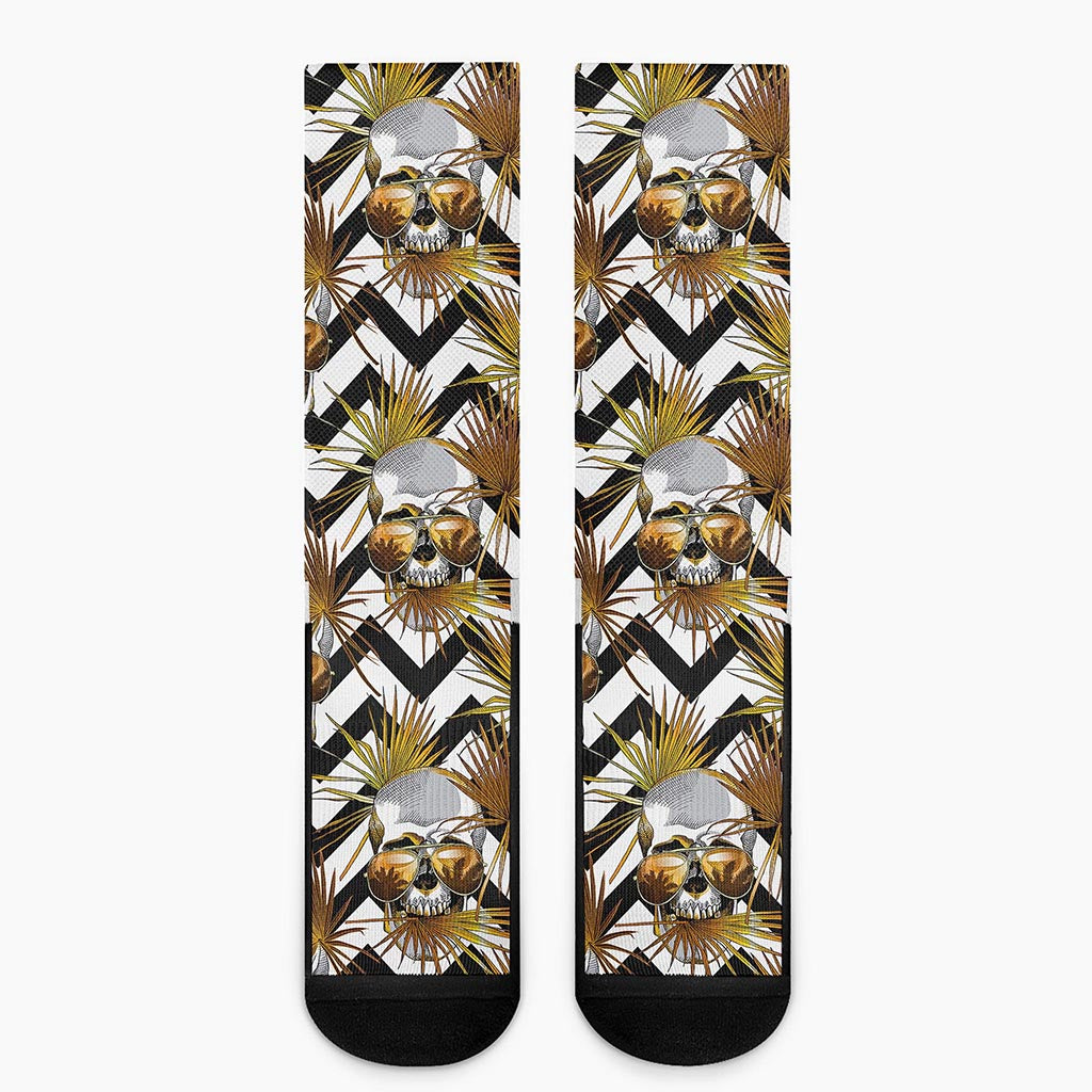 Gold Tropical Skull Pattern Print Crew Socks