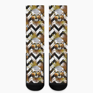 Gold Tropical Skull Pattern Print Crew Socks