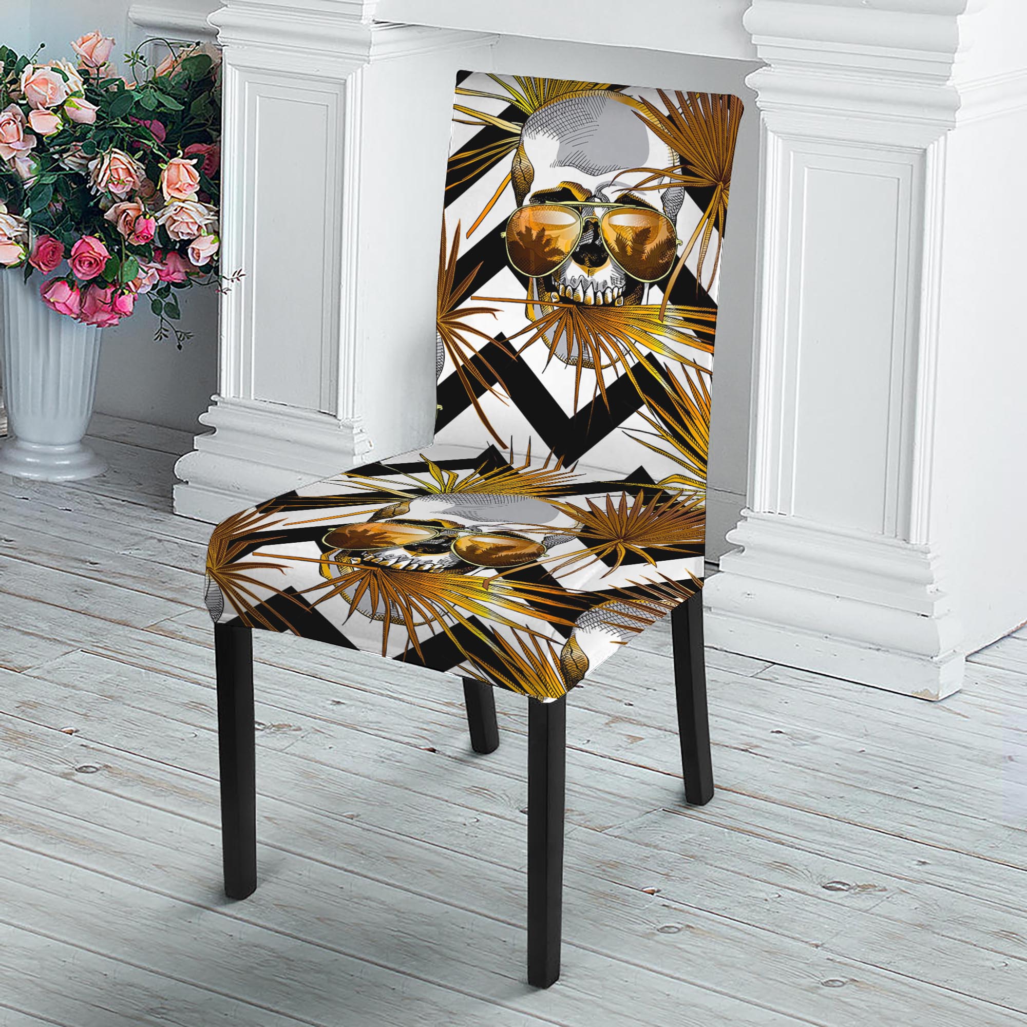 Gold Tropical Skull Pattern Print Dining Chair Slipcover