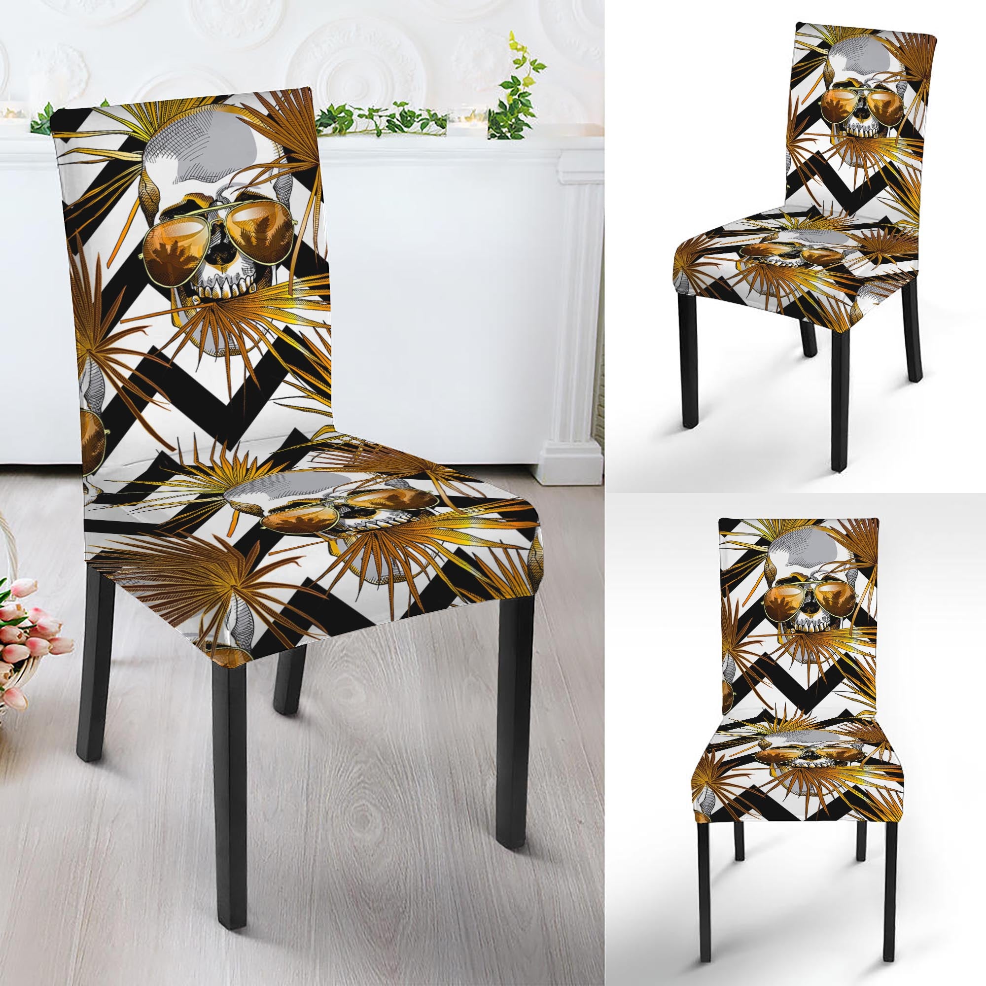 Gold Tropical Skull Pattern Print Dining Chair Slipcover